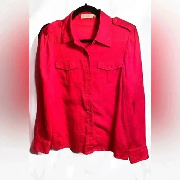 Timeless Elegance Tory Burch Red Linen Button Down Long Sleeve Shirt (Size 6) - Picture 2 of 5
